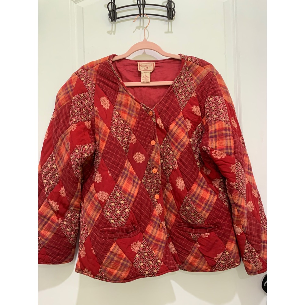 April Cornell Red Quilted Patchwork Jacket Floral Plaid Button Front L Large